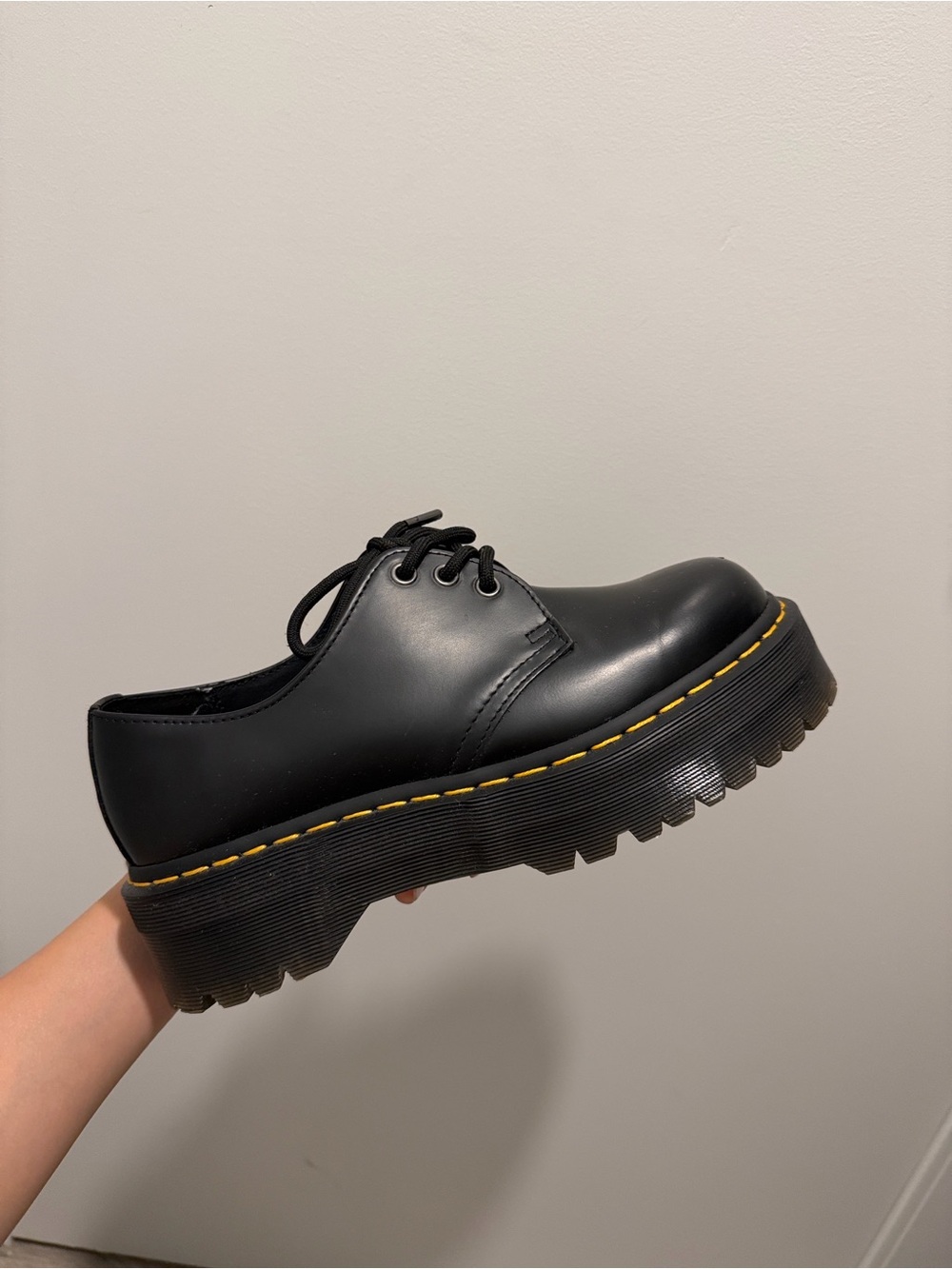 Dr. Martens Black Leather Platform Lace-Up Shoe with Yellow Stitching